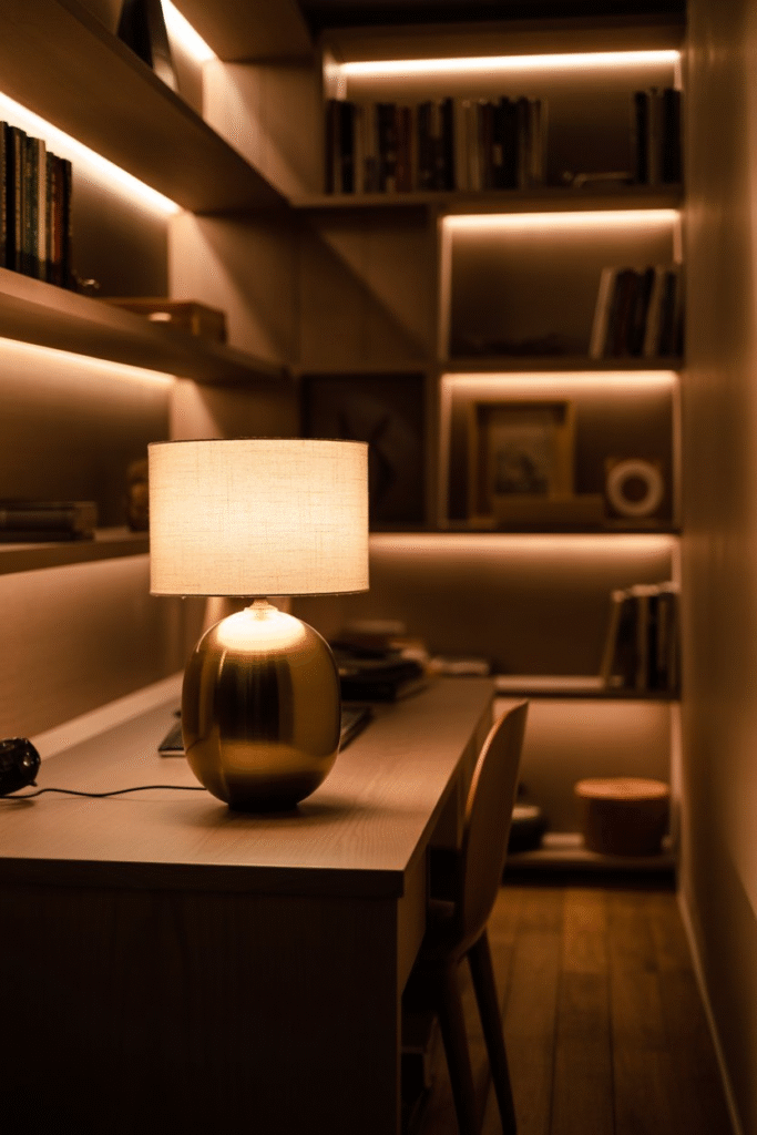 Cozy basement office illuminated by ambient table lamp and soft backlighting.
