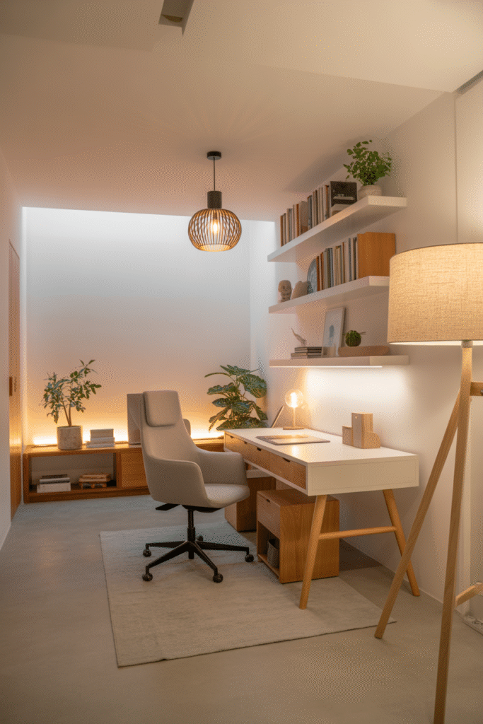 A modern Scandinavian-style basement office
featuring clean white walls and light blonde wood furniture against a backdrop of exposed concrete or painted brick