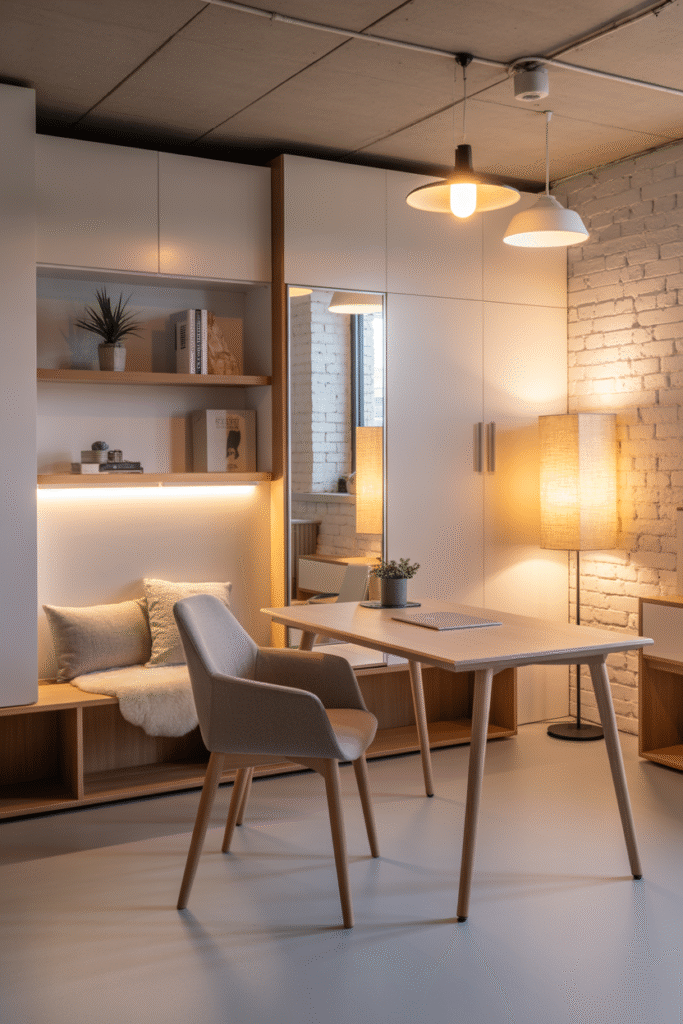 A modern Scandinavian-style basement office
featuring clean white walls and light blonde wood furniture against a backdrop of exposed concrete or painted brick