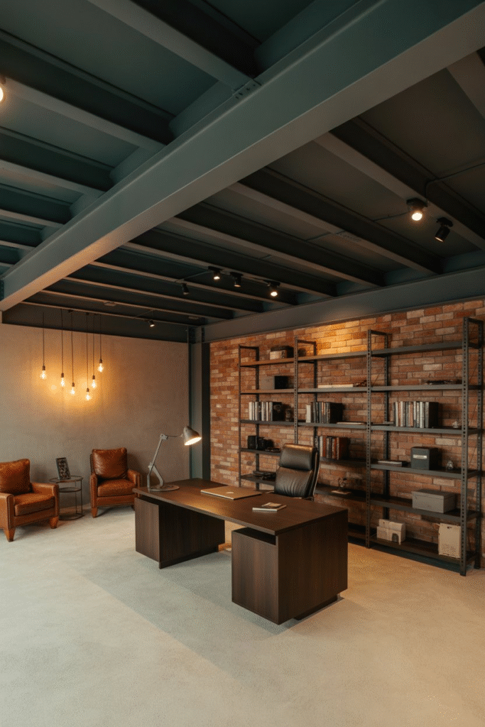 A photograph of a modern industrial basement
office featuring exposed brick walls, concrete floors, and black metal ceiling beams with visible ductwork.