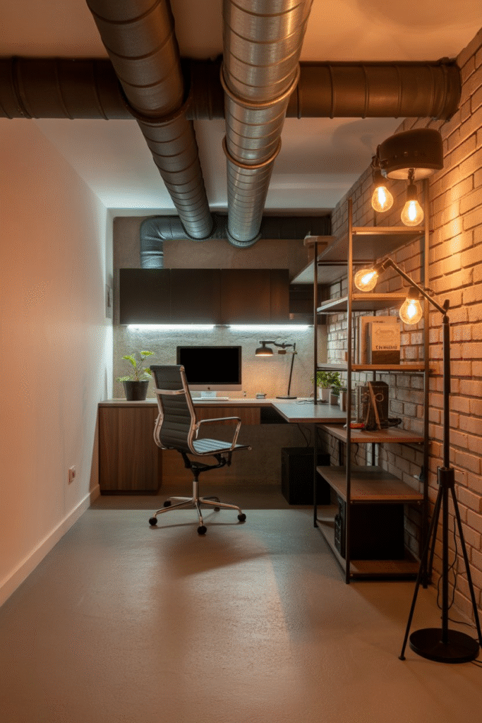 A photograph of a modern industrial basement
office featuring exposed brick walls, concrete floors, and black metal ceiling beams with visible ductwork.