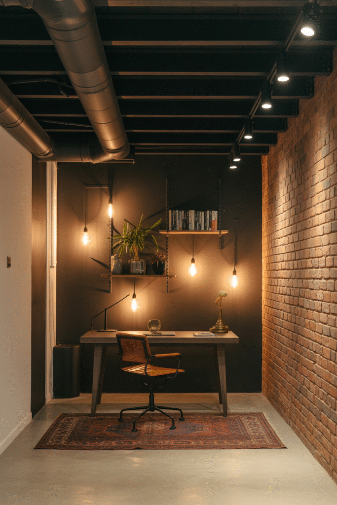 A photograph of a modern industrial basement
office featuring exposed brick walls, concrete floors, and black metal ceiling beams with visible ductwork.