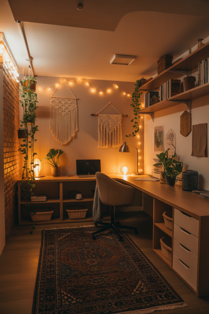 A cozy basement office with bohemian
aesthetics featuring warm, layered lighting and clever space optimization. The windowless room is illuminated by string lights draped along exposed wooden ceiling beams, complemented by multiple floor lamps with macrame and rattan shades casting soft, ambient light throughout the space.