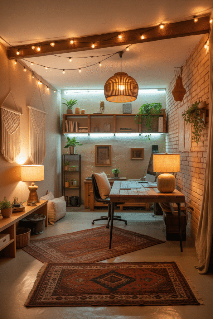 A cozy basement office with bohemian
aesthetics featuring warm, layered lighting and clever space optimization. The windowless room is illuminated by string lights draped along exposed wooden ceiling beams, complemented by multiple floor lamps with macrame and rattan shades casting soft, ambient light throughout the space.