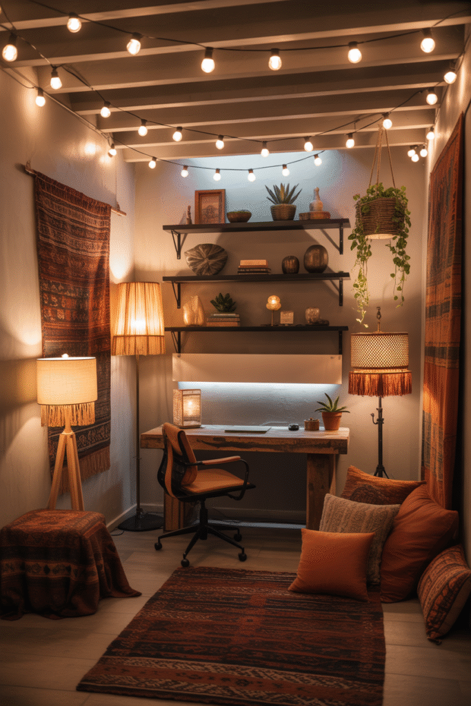 A cozy basement office with bohemian
aesthetics featuring warm, layered lighting and clever space optimization. The windowless room is illuminated by string lights draped along exposed wooden ceiling beams, complemented by multiple floor lamps with macrame and rattan shades casting soft, ambient light throughout the space.