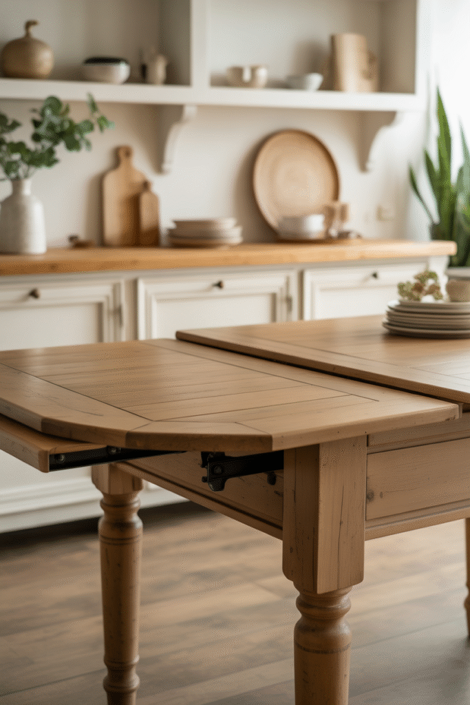 Expandable French farmhouse dining table showing hidden leaf extension in cottage kitchen.