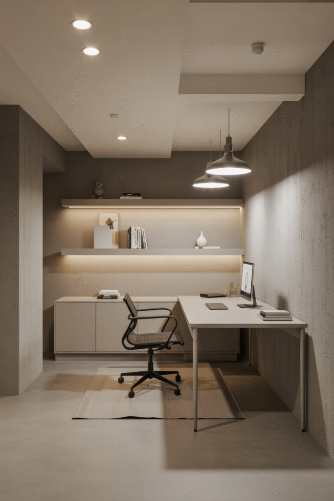 A minimalist basement office interior featuring
clean lines and a sophisticated monochromatic color palette of whites, grays, and warm wood tones.