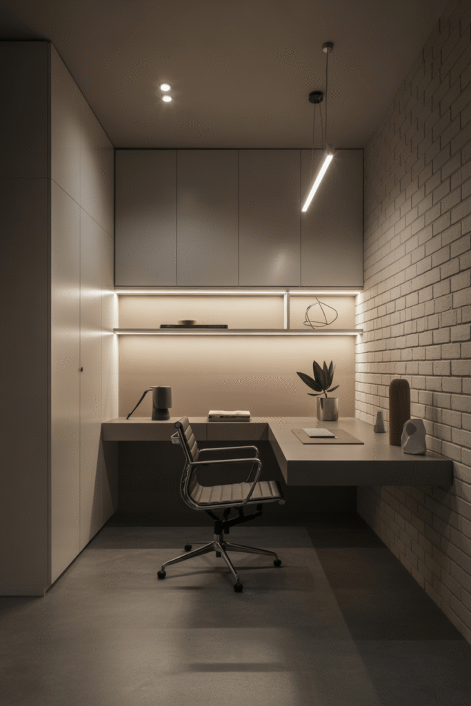 A minimalist basement office interior featuring
clean lines and a sophisticated monochromatic color palette of whites, grays, and warm wood tones.