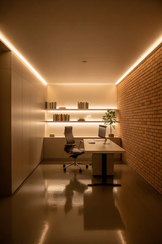 A minimalist basement office interior featuring
clean lines and a sophisticated monochromatic color palette of whites, grays, and warm wood tones.