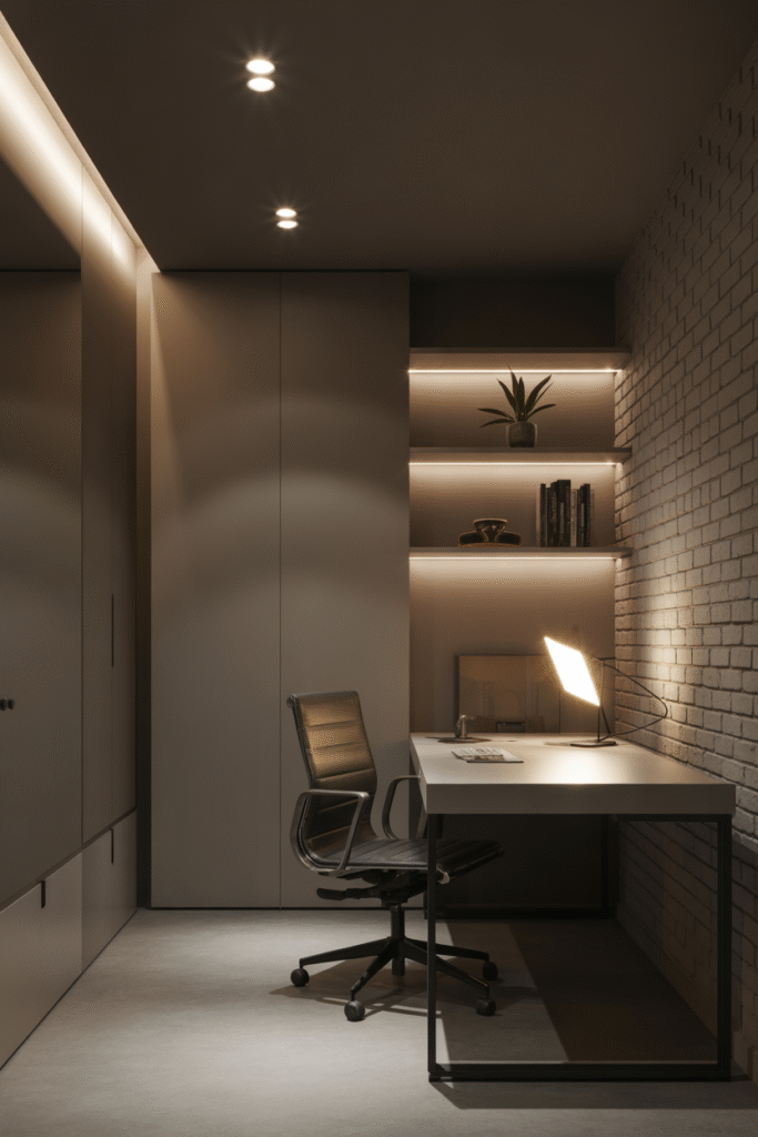 A minimalist basement office interior featuring
clean lines and a sophisticated monochromatic color palette of whites, grays, and warm wood tones.