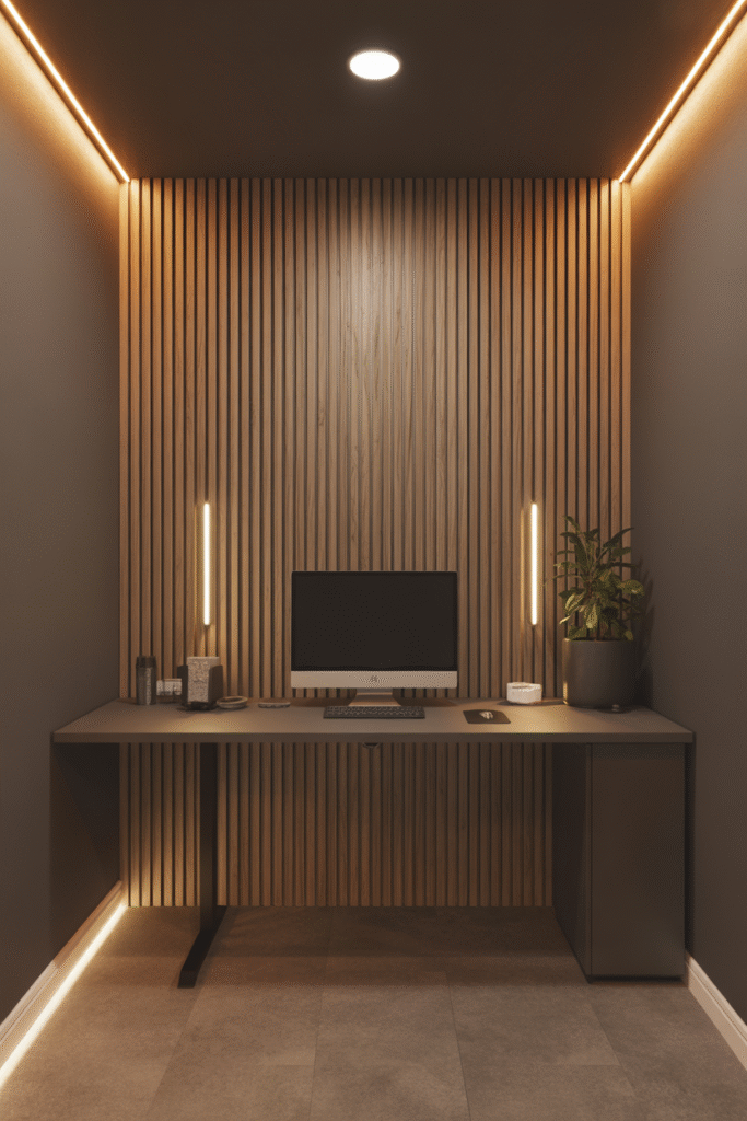 Basement office accent wall with wood slats adding texture and visual depth.