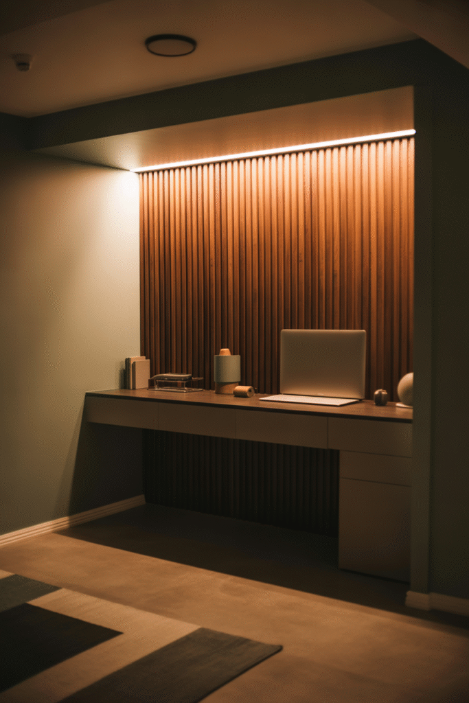Basement office accent wall with wood slats adding texture and visual depth.