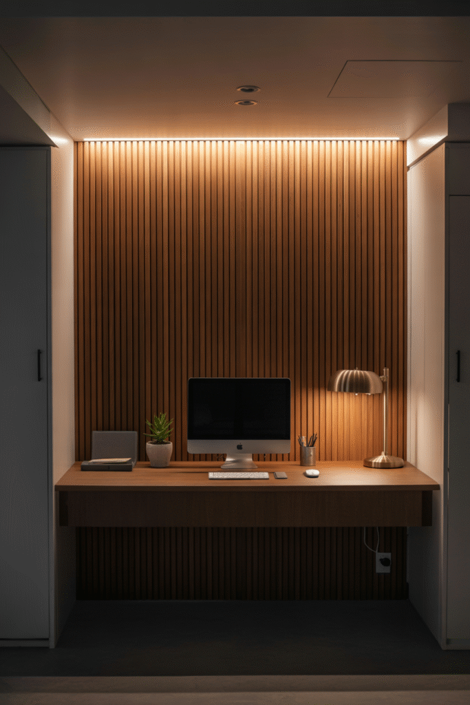 Basement office accent wall with wood slats adding texture and visual depth.