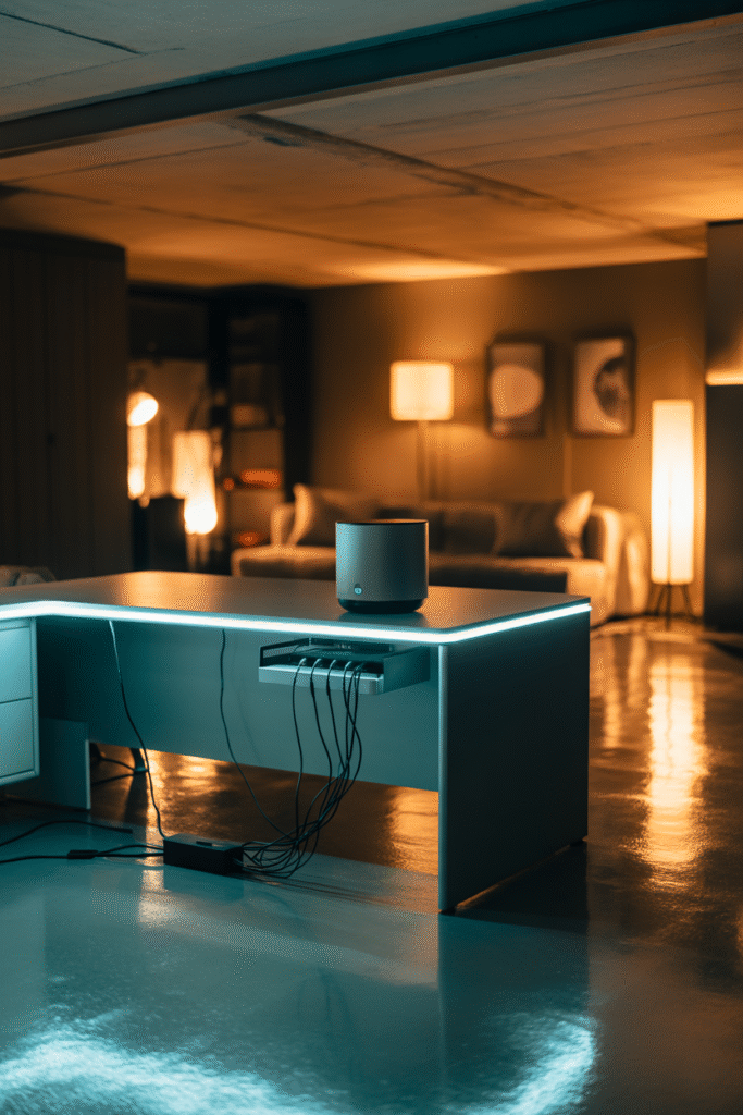 Basement office using smart lighting and technology for modern comfort and efficiency.