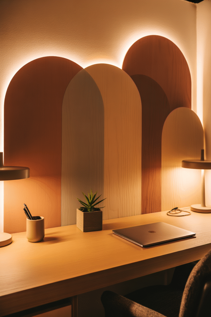 Basement office accent wall with painted arches adding texture and visual depth.