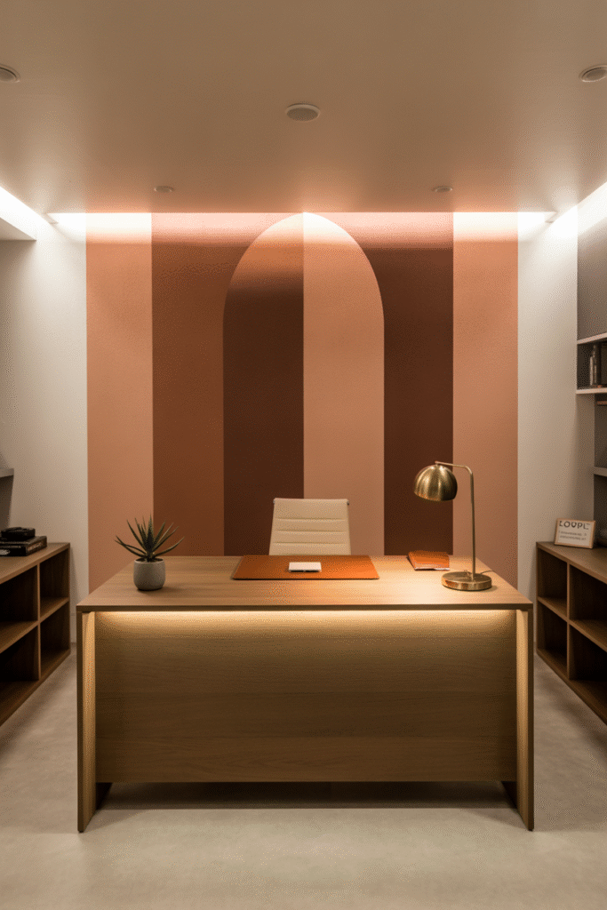 Basement office accent wall with painted arches adding texture and visual depth.