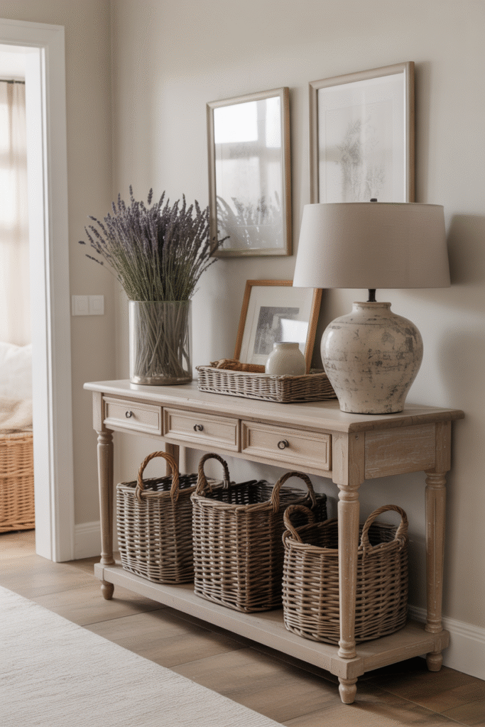 French farmhouse console table styled in entryway with baskets and lamp.