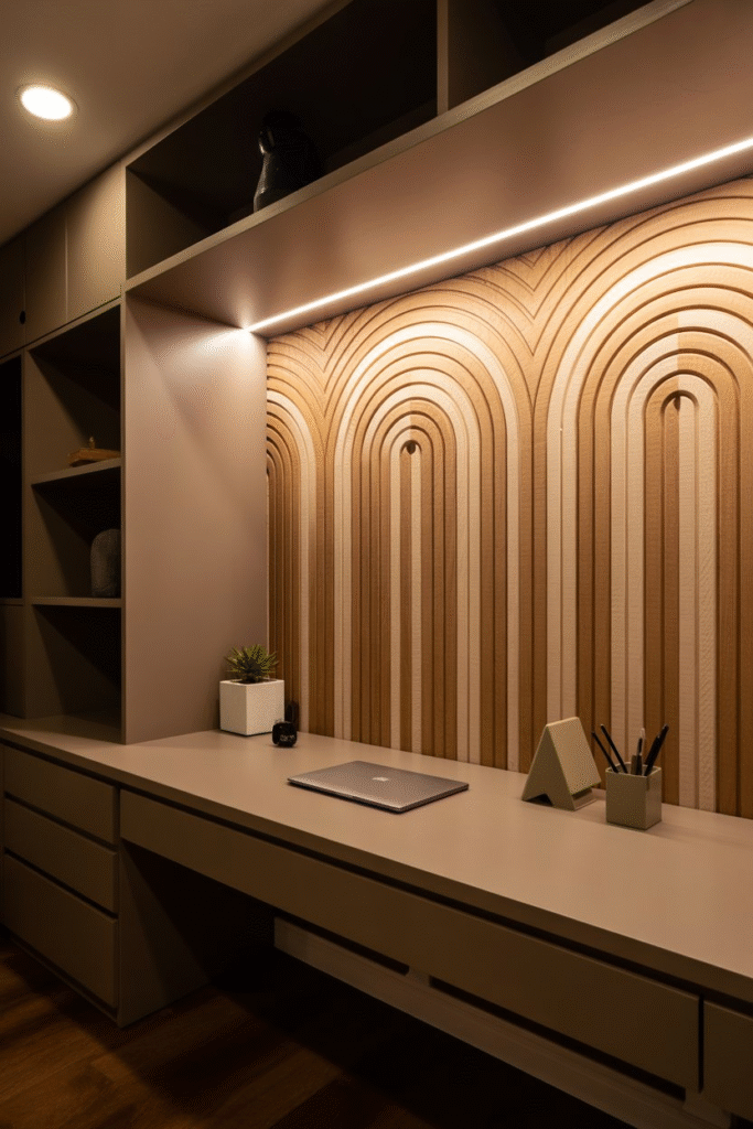 Basement office accent wall with painted arches adding texture and visual depth.