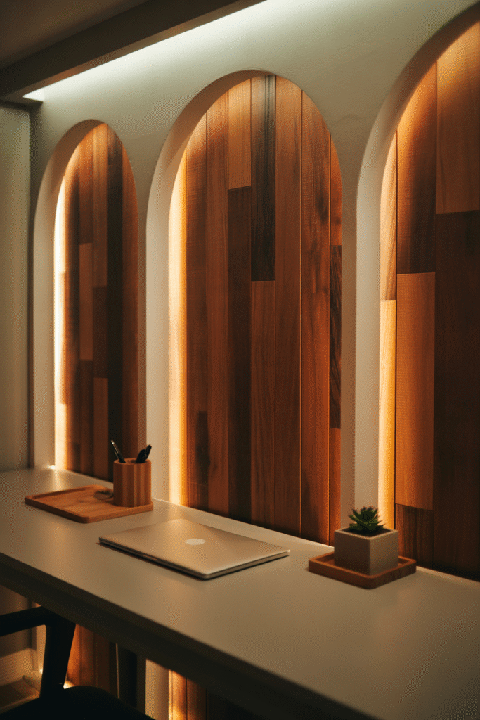 Basement office accent wall with painted arches adding texture and visual depth.