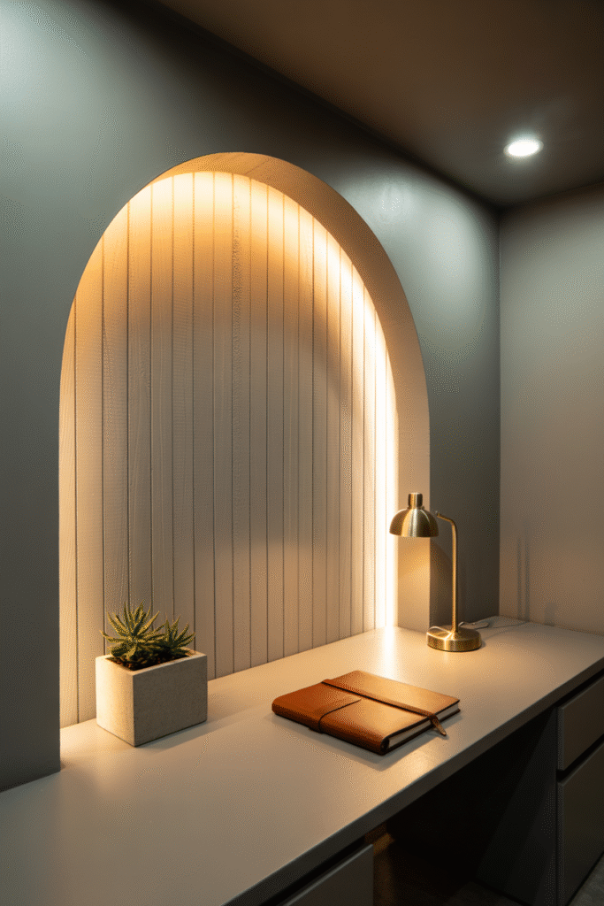 Basement office accent wall with painted arches adding texture and visual depth.
