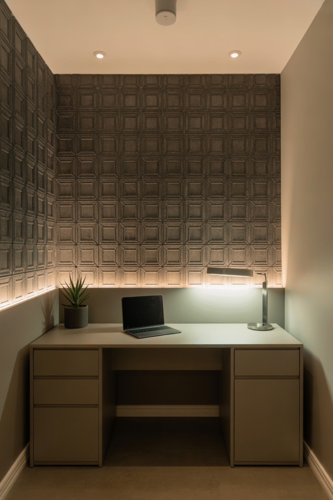 Basement office accent wall with painted arch adding texture and visual depth.