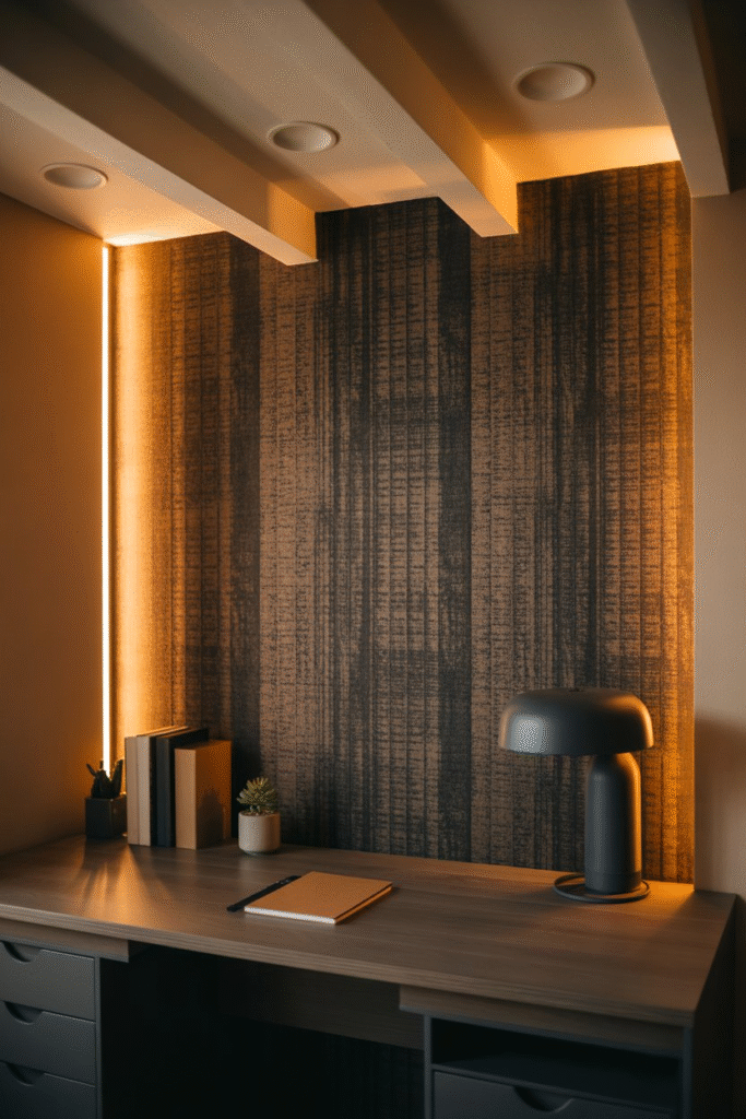 Basement office accent wall with textured wallpaper adding texture and visual depth.