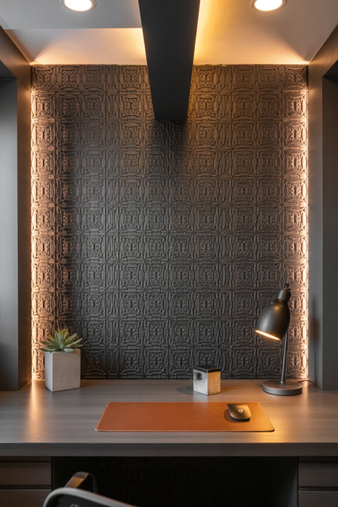 Basement office accent wall with textured wallpaper adding texture and visual depth.
