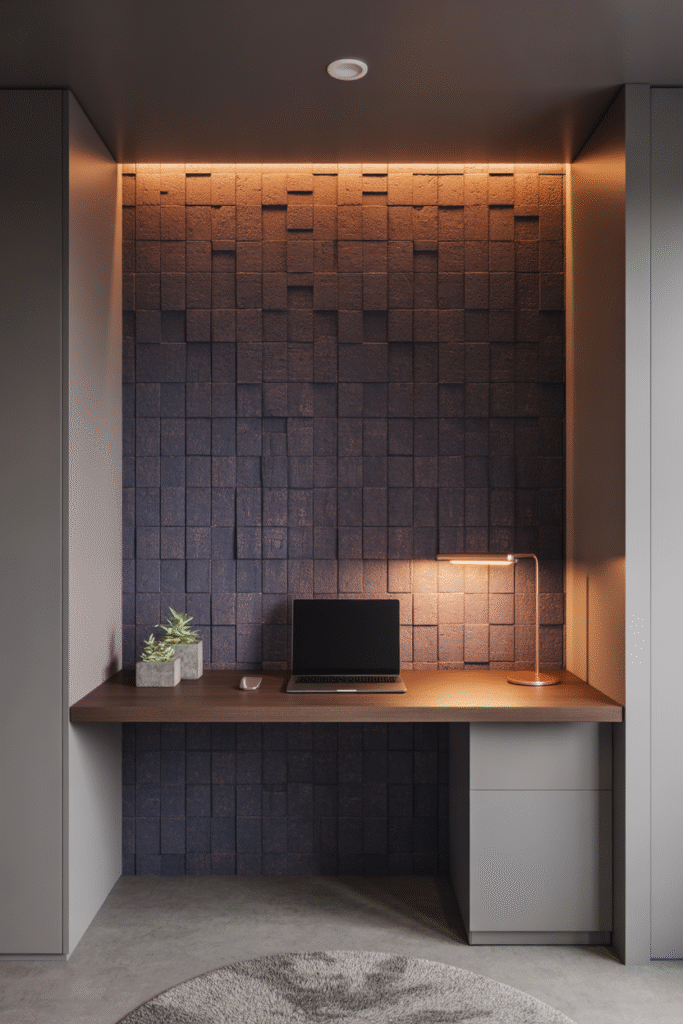 Basement office accent wall with textured wallpaper adding texture and visual depth.