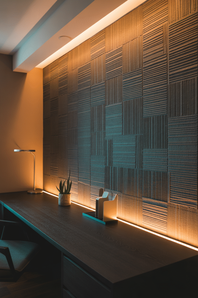 Basement office accent wall with textured wallpaper adding texture and visual depth.