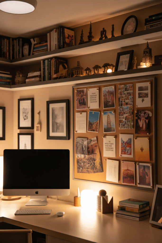 Personalized basement office setup with decor, books, and framed artwork.