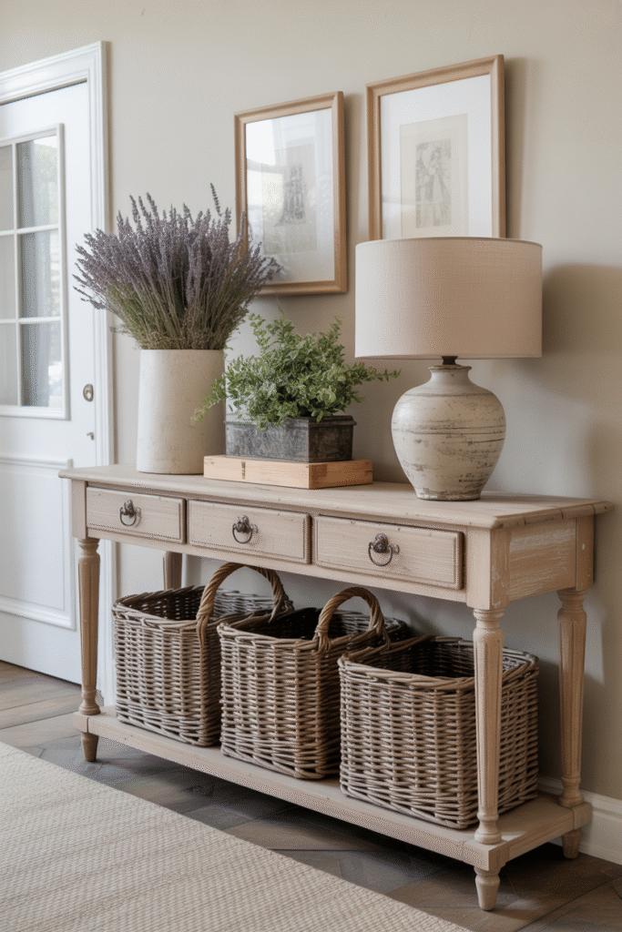 French farmhouse console table styled in entryway with baskets and lamp.