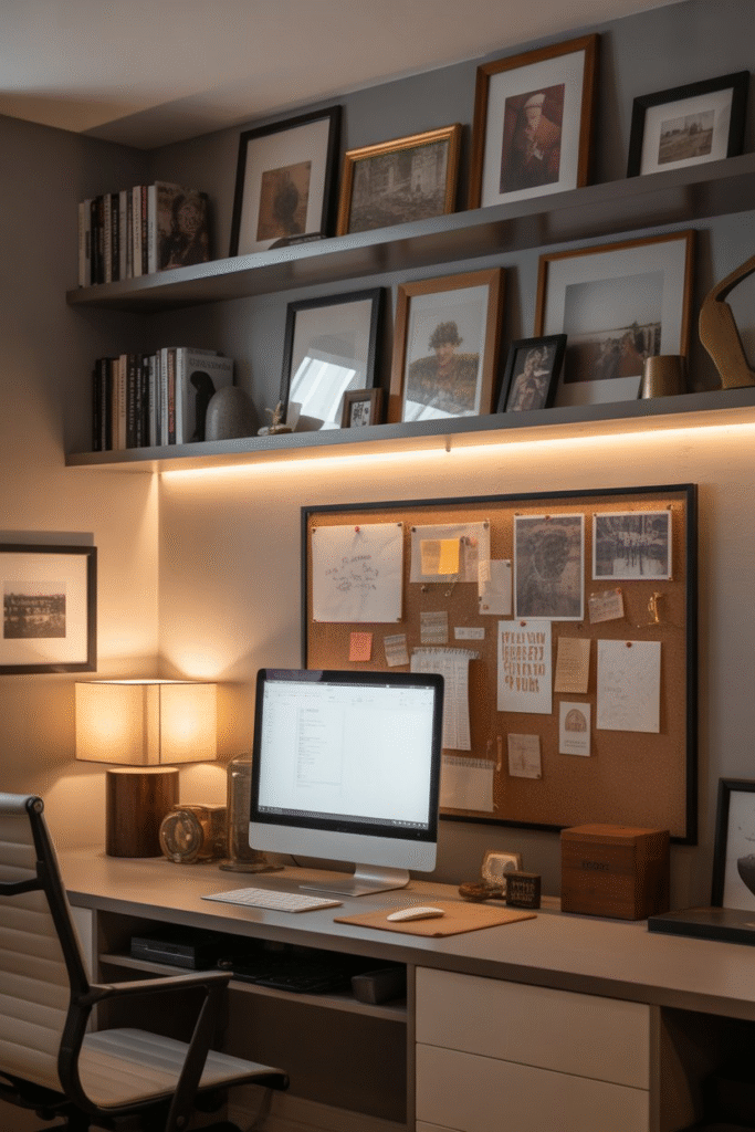 Personalized basement office setup with decor, books, and framed artwork.
