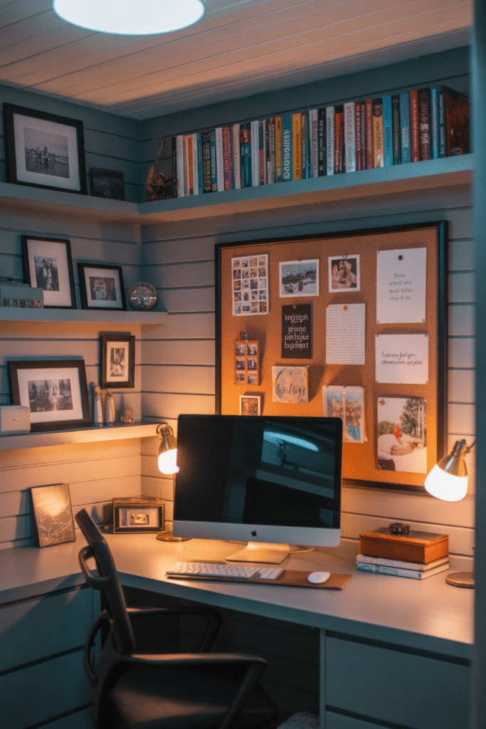 Personalized basement office setup with decor, books, and framed artwork.