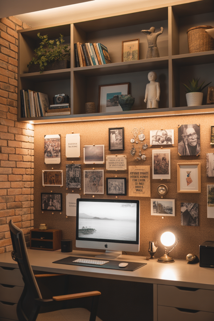 Personalized basement office setup with decor, books, and framed artwork.