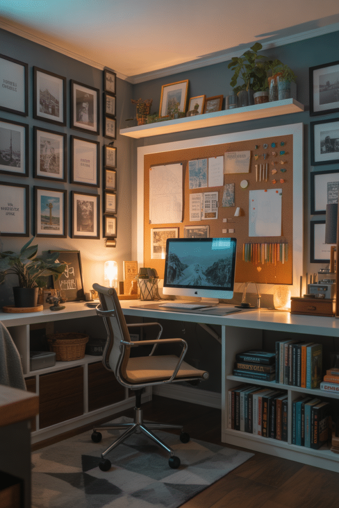 Personalized basement office setup with decor, books, and framed artwork.