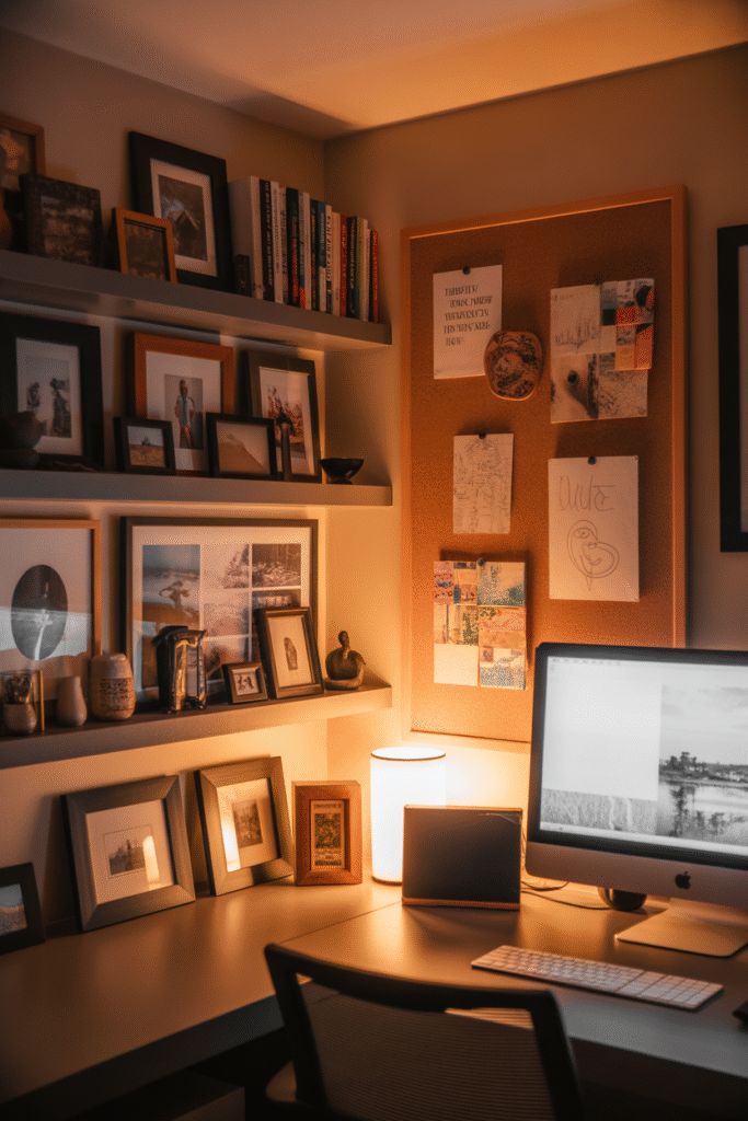 Personalized basement office setup with decor, books, and framed artwork.