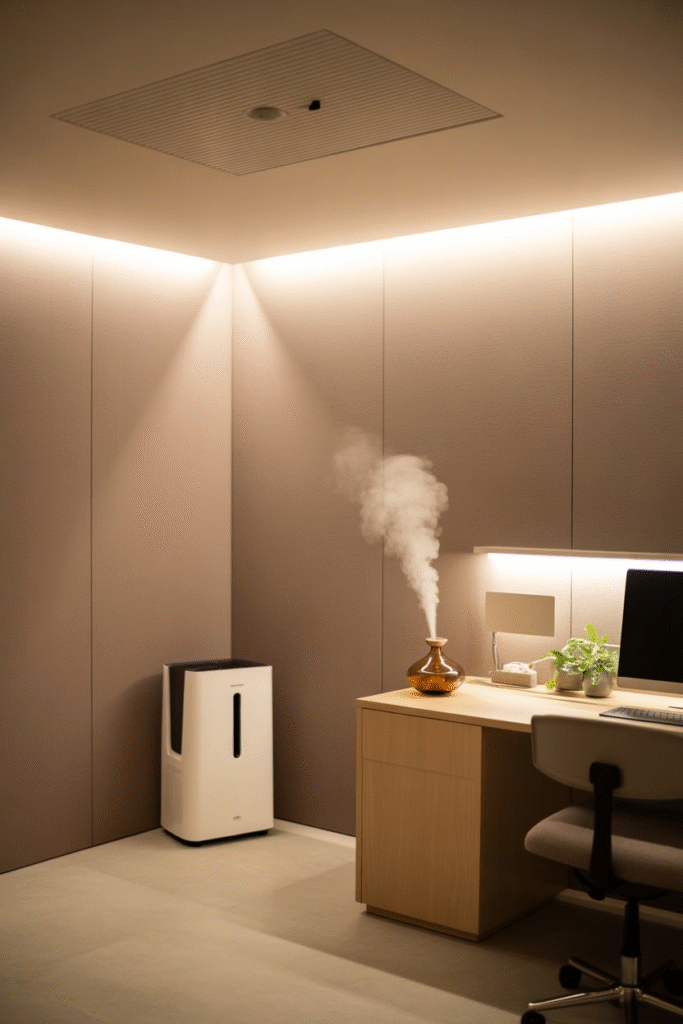 Windowless basement office with air purifier and balanced lighting for comfort.