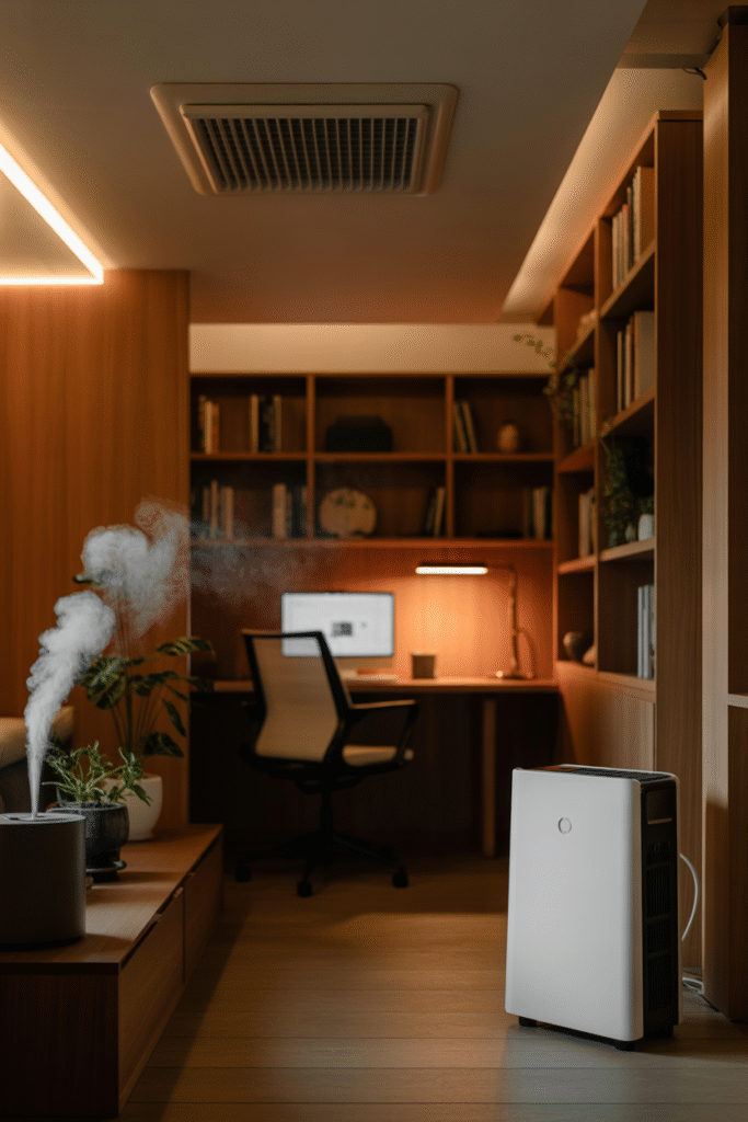 Windowless basement office with air purifier and balanced lighting for comfort.