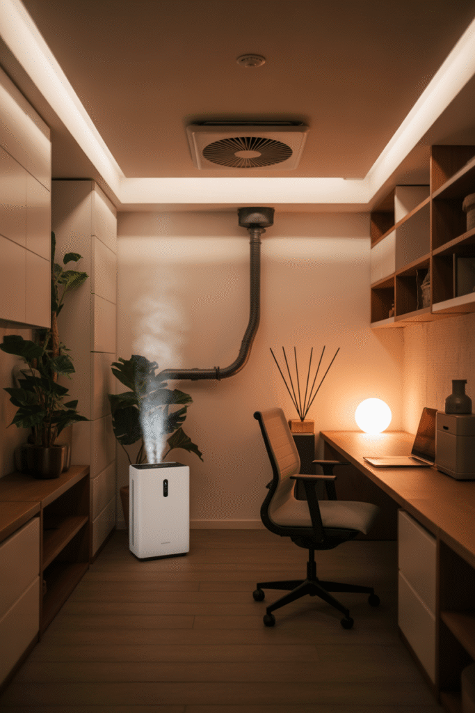 Windowless basement office with air purifier and balanced lighting for comfort.