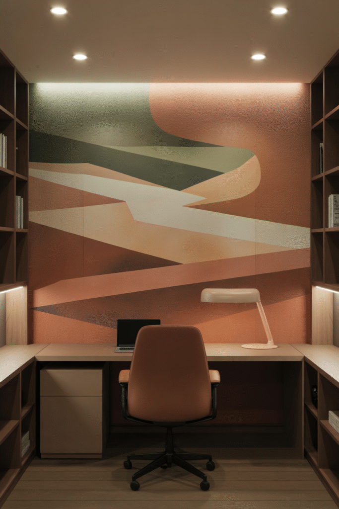 A modern basement office interior featuring a
windowless space anchored by a large abstract mural positioned behind a sleek wooden desk.