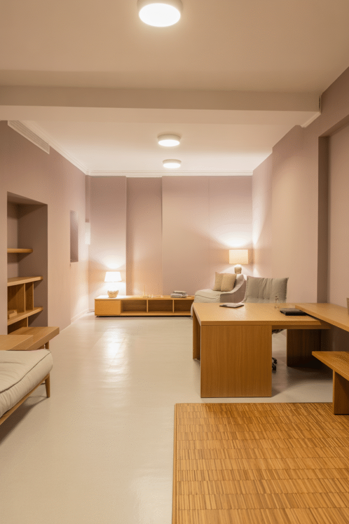 Bright basement office without windows and with
pale taupe walls and natural wood tones for a spacious feel.
more Magic Prompt