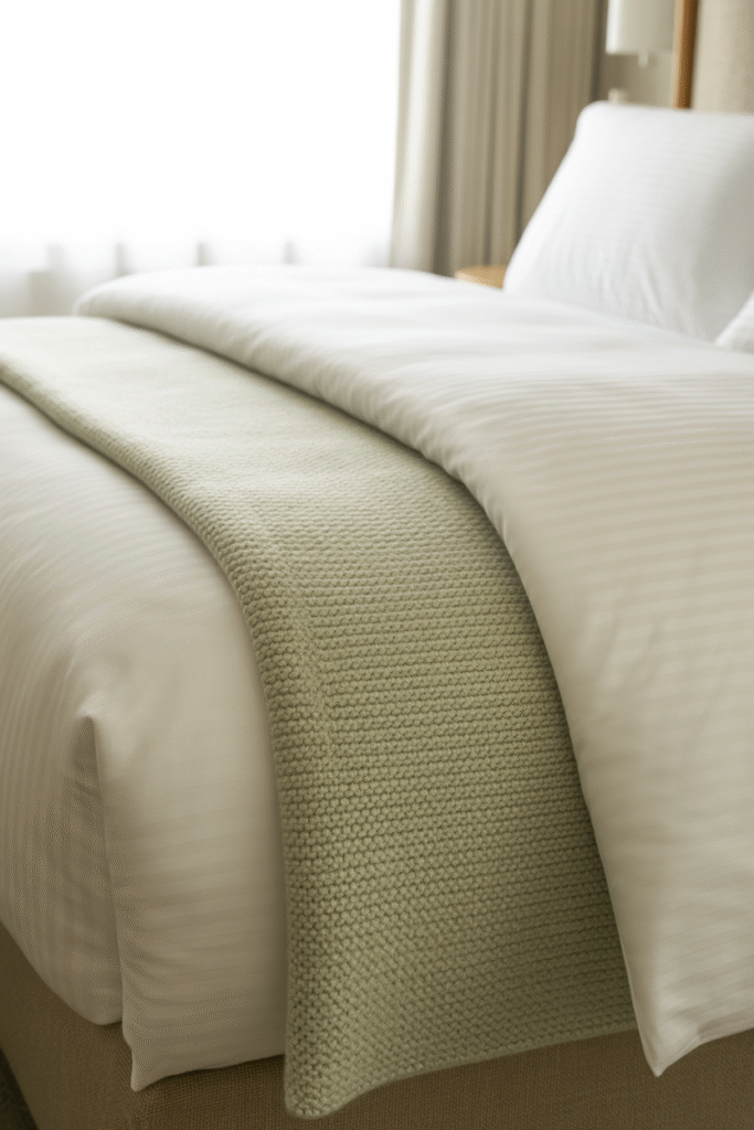 Layered bed styling showing a blanket tucked under the duvet and folded back to reveal a slim textured edge in contrasting fabrics.