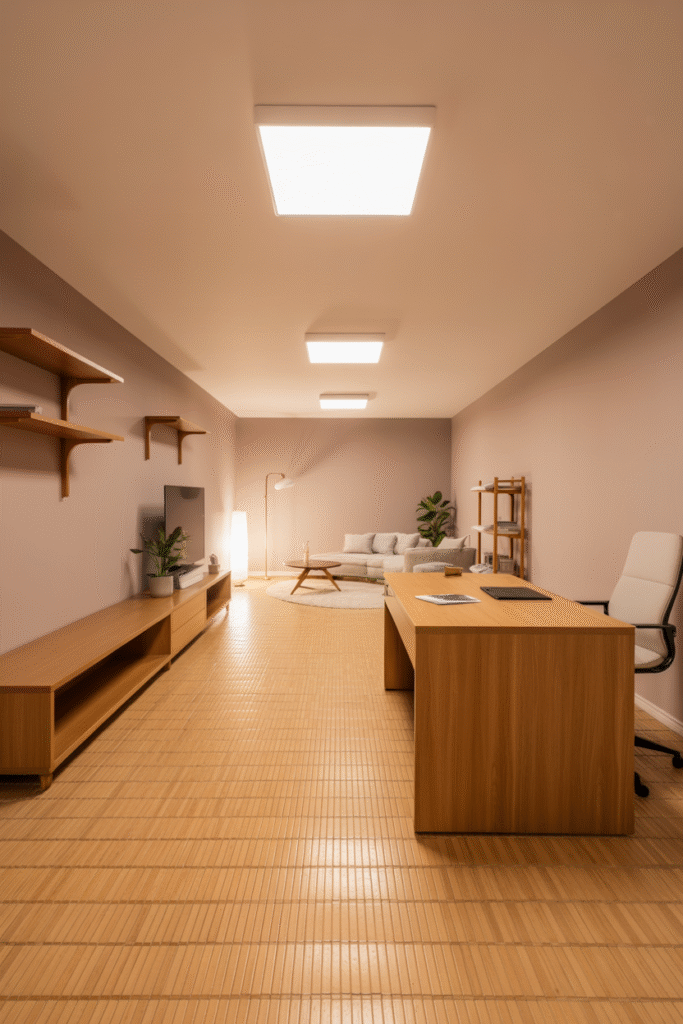 Bright basement office without windows and with
pale taupe walls and natural wood tones for a spacious feel.
more Magic Prompt