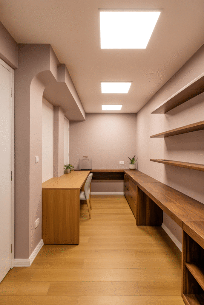 Bright basement office without windows and with
pale taupe walls and natural wood tones for a spacious feel.
more Magic Prompt