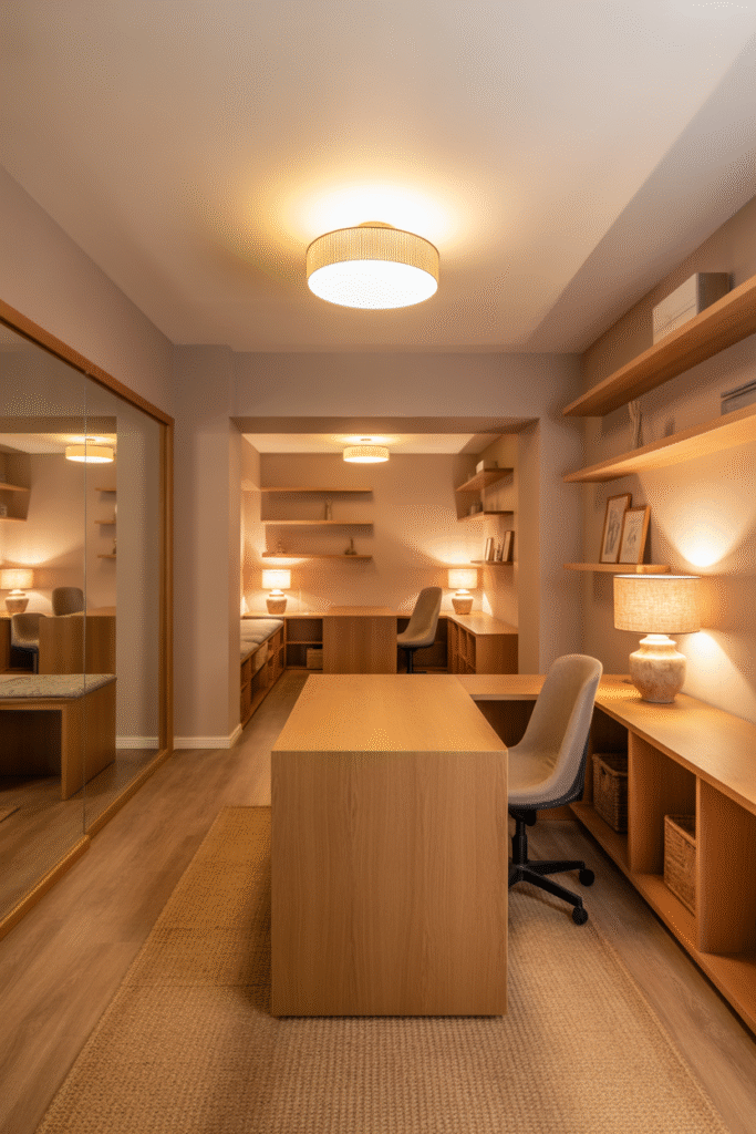 Bright basement office without windows and with
warm greige walls and natural wood tones for a spacious feel.
more Magic Prompt