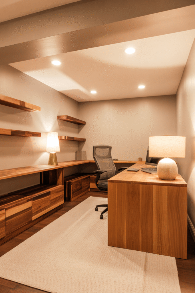 Bright basement office without windows and with
warm greige walls and natural wood tones for a spacious feel.
more Magic Prompt