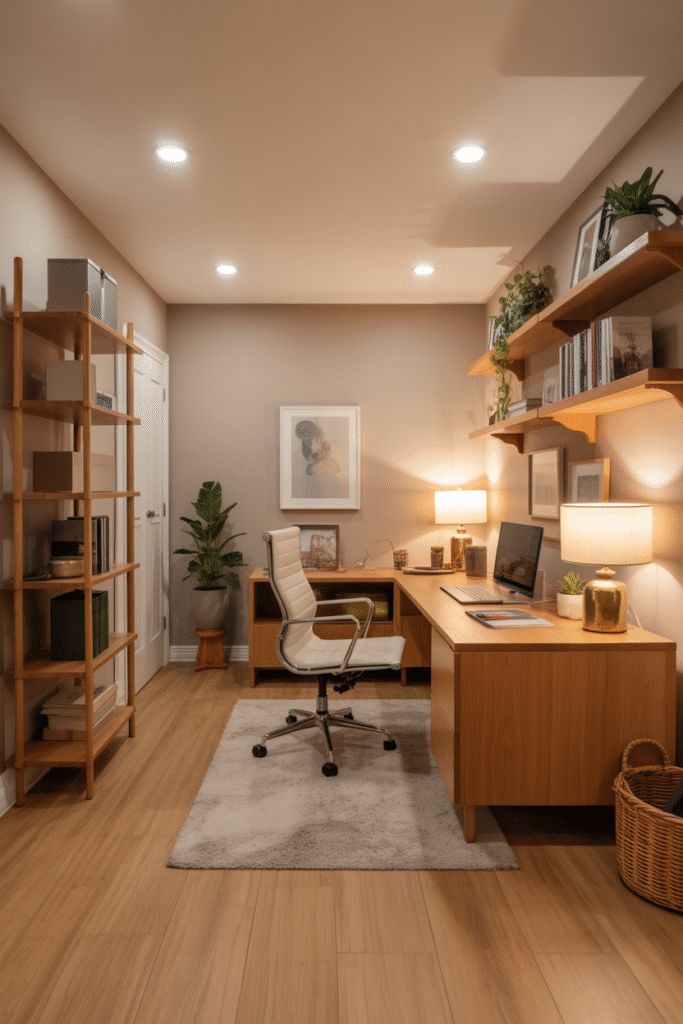 Bright basement office without windows and with
warm greige walls and natural wood tones for a spacious feel.
more Magic Prompt