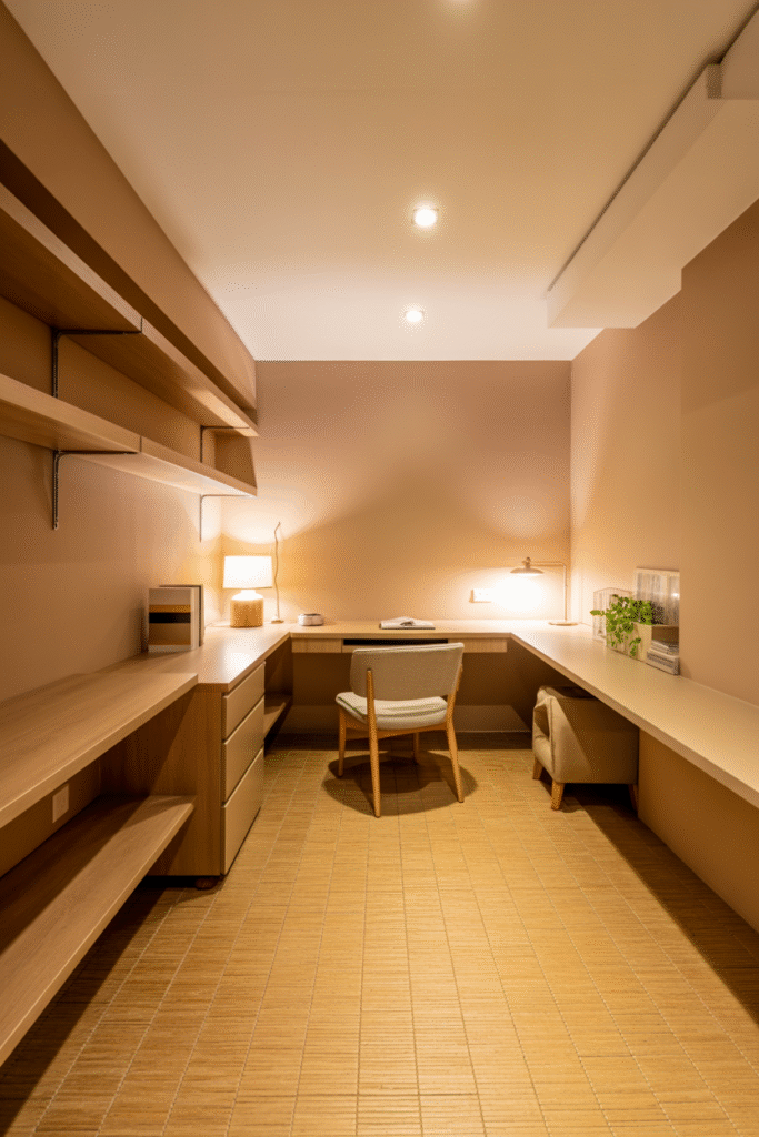 Bright basement office without windows and with
warm greige walls and natural wood tones for a spacious feel.
more Magic Prompt