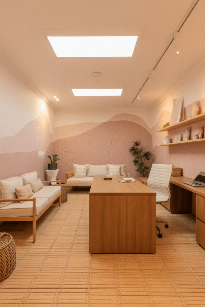 Bright basement office without windows and with
pastel clay tones walls and natural wood tones for a spacious feel.
less Magic Prompt