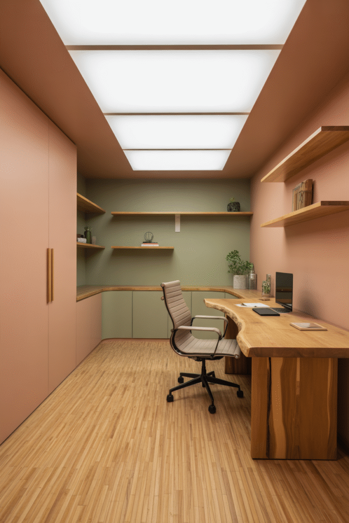 Bright basement office without windows and with
pastel clay tones walls and natural wood tones for a spacious feel.
less Magic Prompt